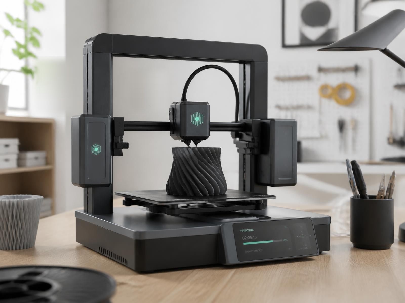 Sort Ford Mustang Mach-E i et værksted med 3D printere